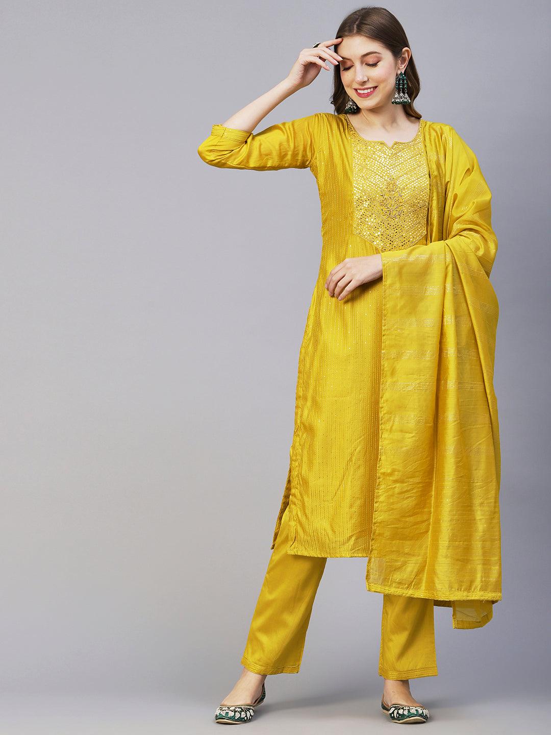 Ethnic Embroidered Solid Straight Fit Kurta with Pant & Dupatta - Mustard - Indiakreations