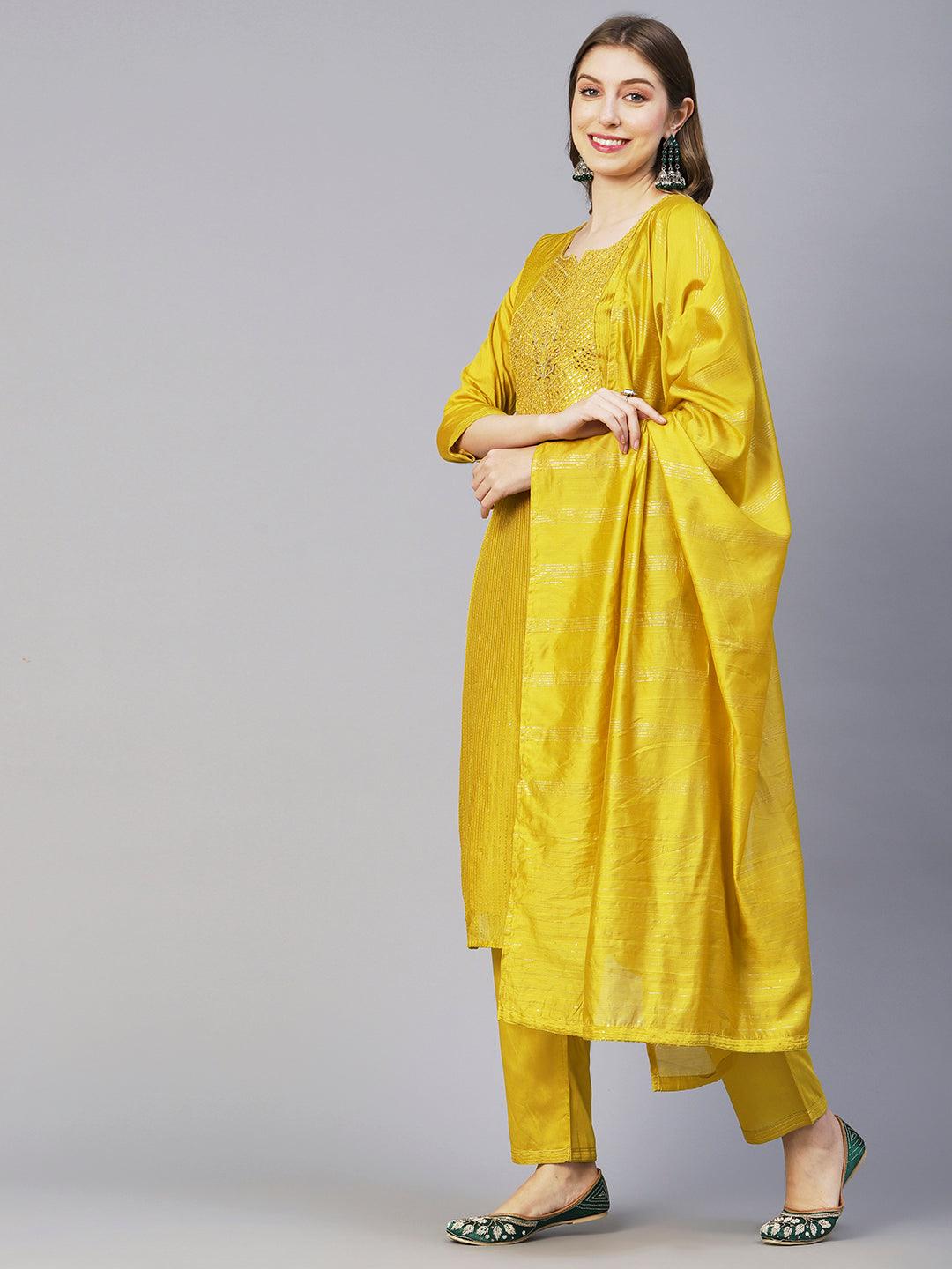 Ethnic Embroidered Solid Straight Fit Kurta with Pant & Dupatta - Mustard - Indiakreations