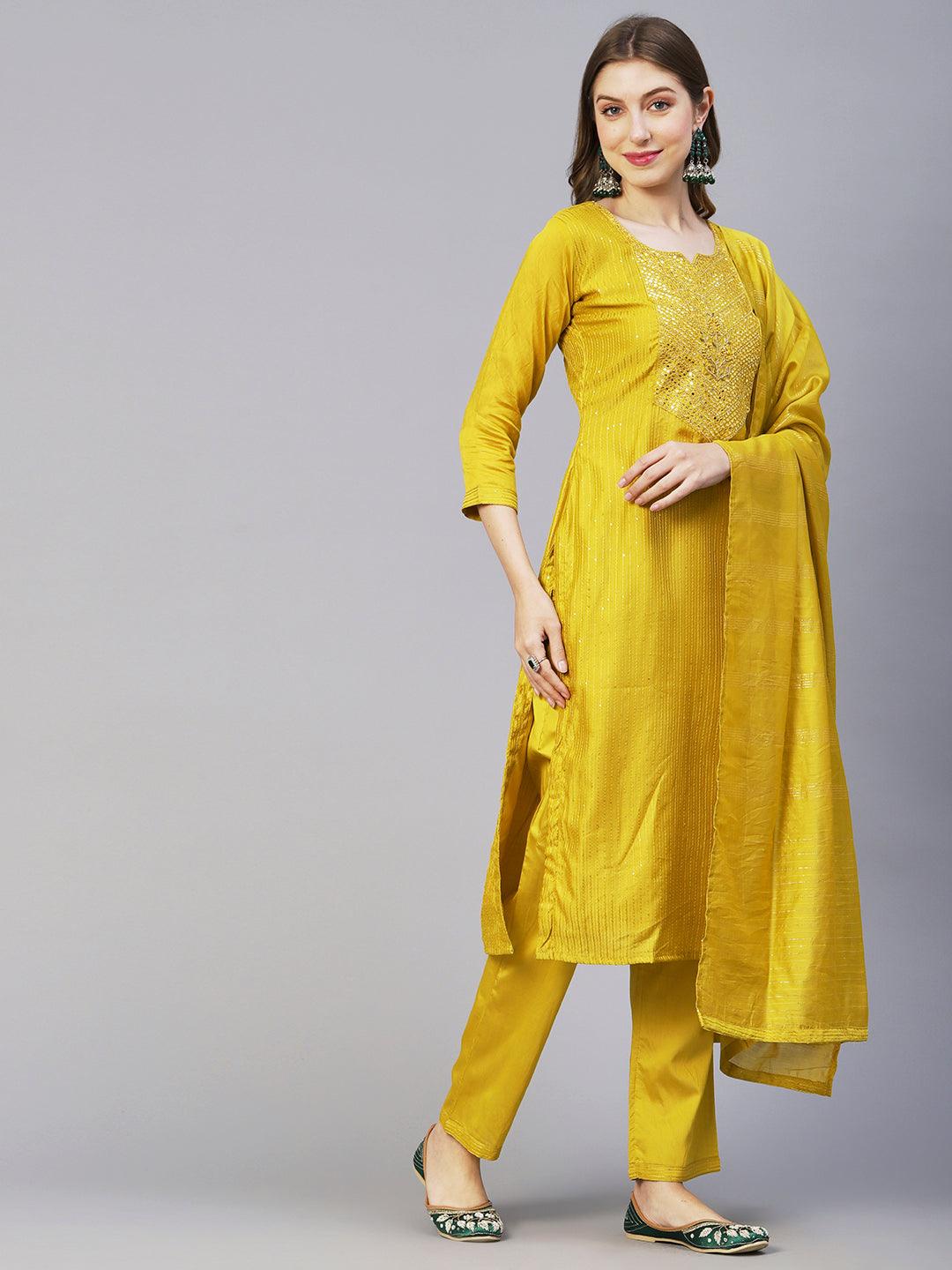 Ethnic Embroidered Solid Straight Fit Kurta with Pant & Dupatta - Mustard - Indiakreations