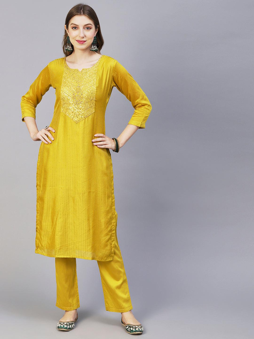 Ethnic Embroidered Solid Straight Fit Kurta with Pant & Dupatta - Mustard - Indiakreations