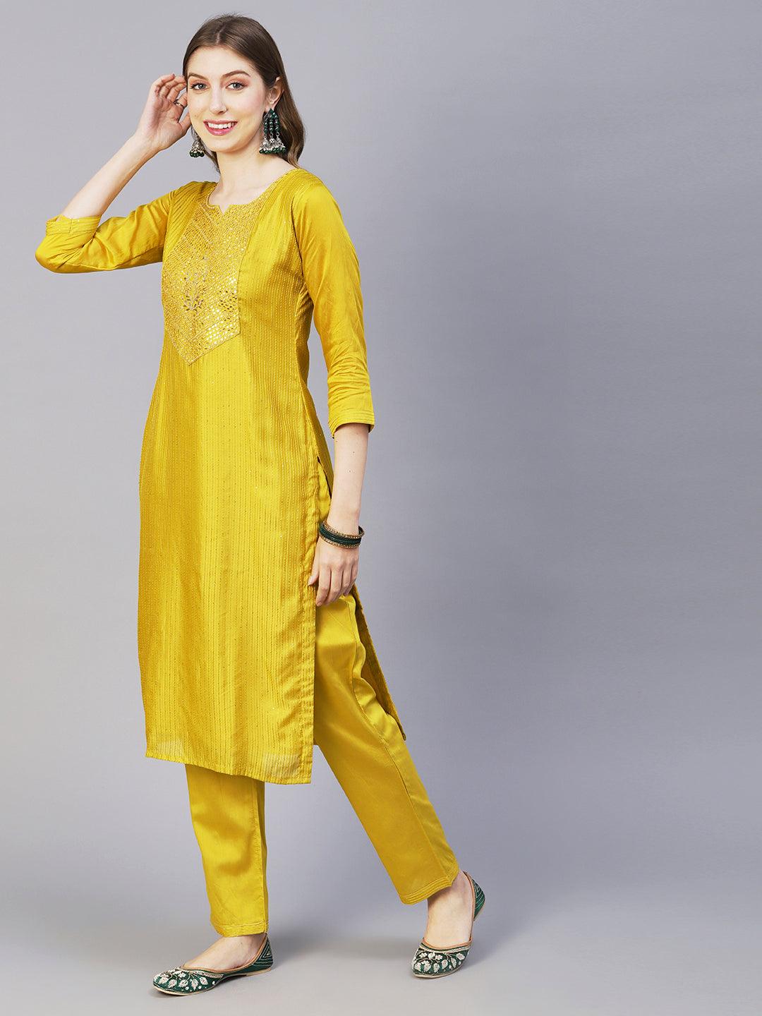 Ethnic Embroidered Solid Straight Fit Kurta with Pant & Dupatta - Mustard - Indiakreations