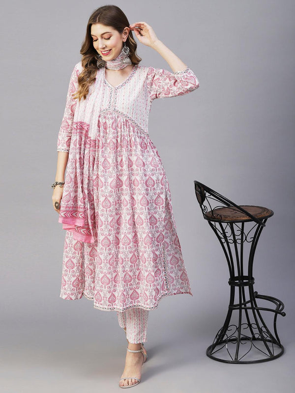 Floral Printed Mirror, Zari & Sequins Embroidered High Slit Kurta With Pants & Dupatta - White & Pink - Indiakreations