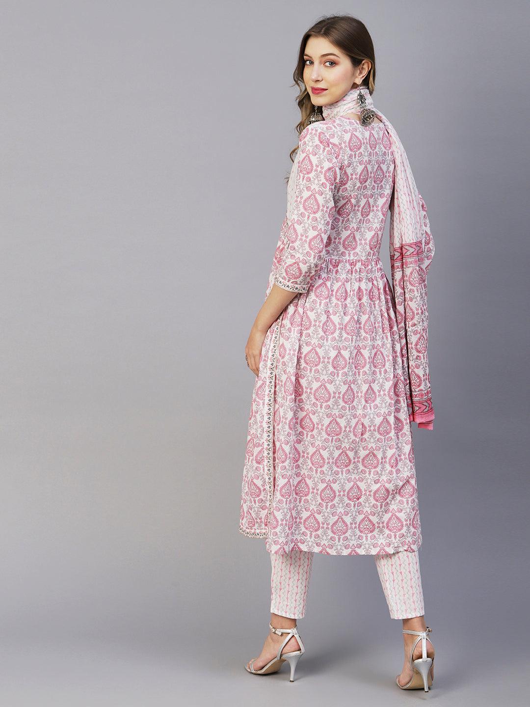 Floral Printed Mirror, Zari & Sequins Embroidered High Slit Kurta With Pants & Dupatta - White & Pink - Indiakreations