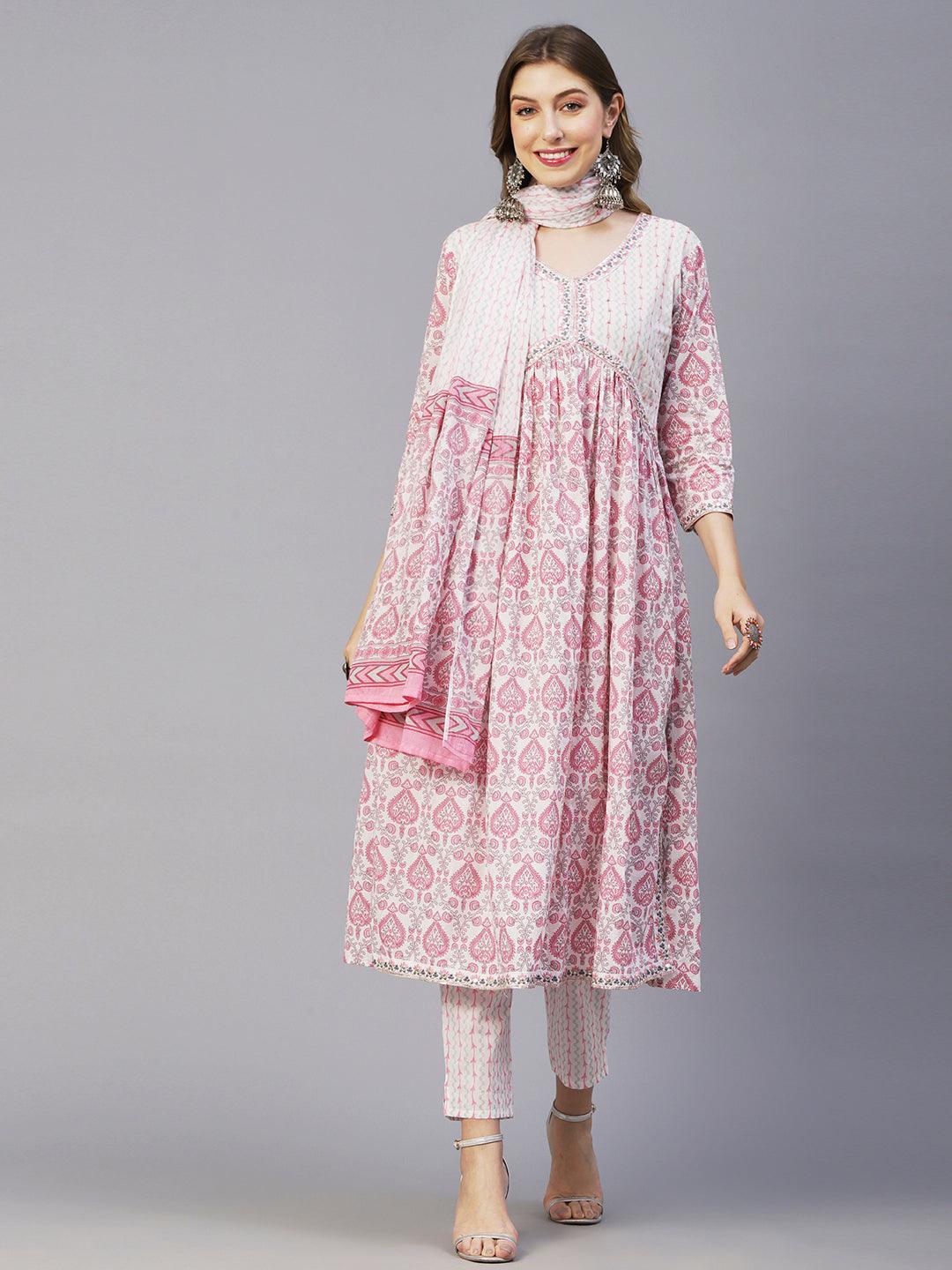 Floral Printed Mirror, Zari & Sequins Embroidered High Slit Kurta With Pants & Dupatta - White & Pink - Indiakreations