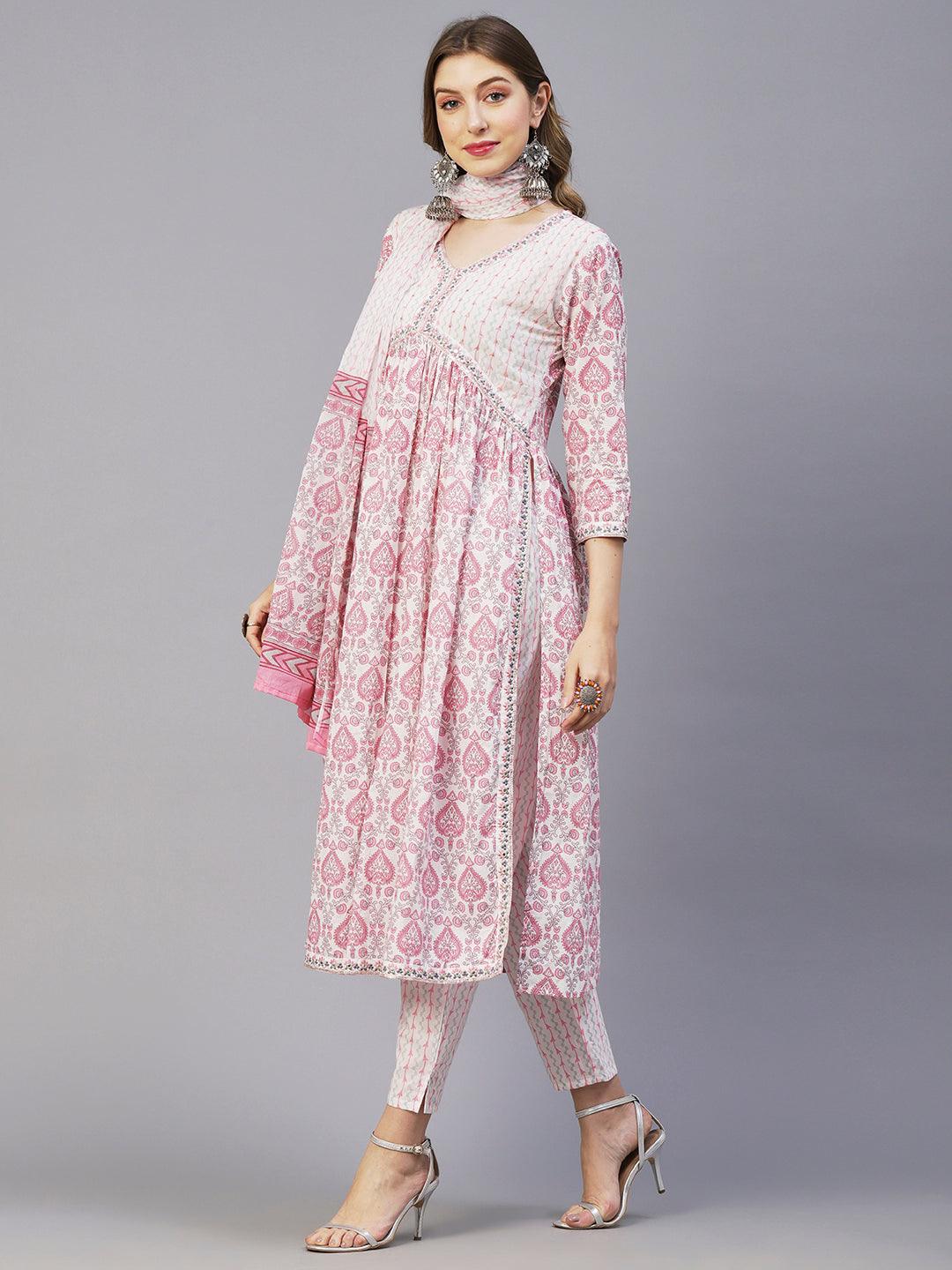 Floral Printed Mirror, Zari & Sequins Embroidered High Slit Kurta With Pants & Dupatta - White & Pink - Indiakreations