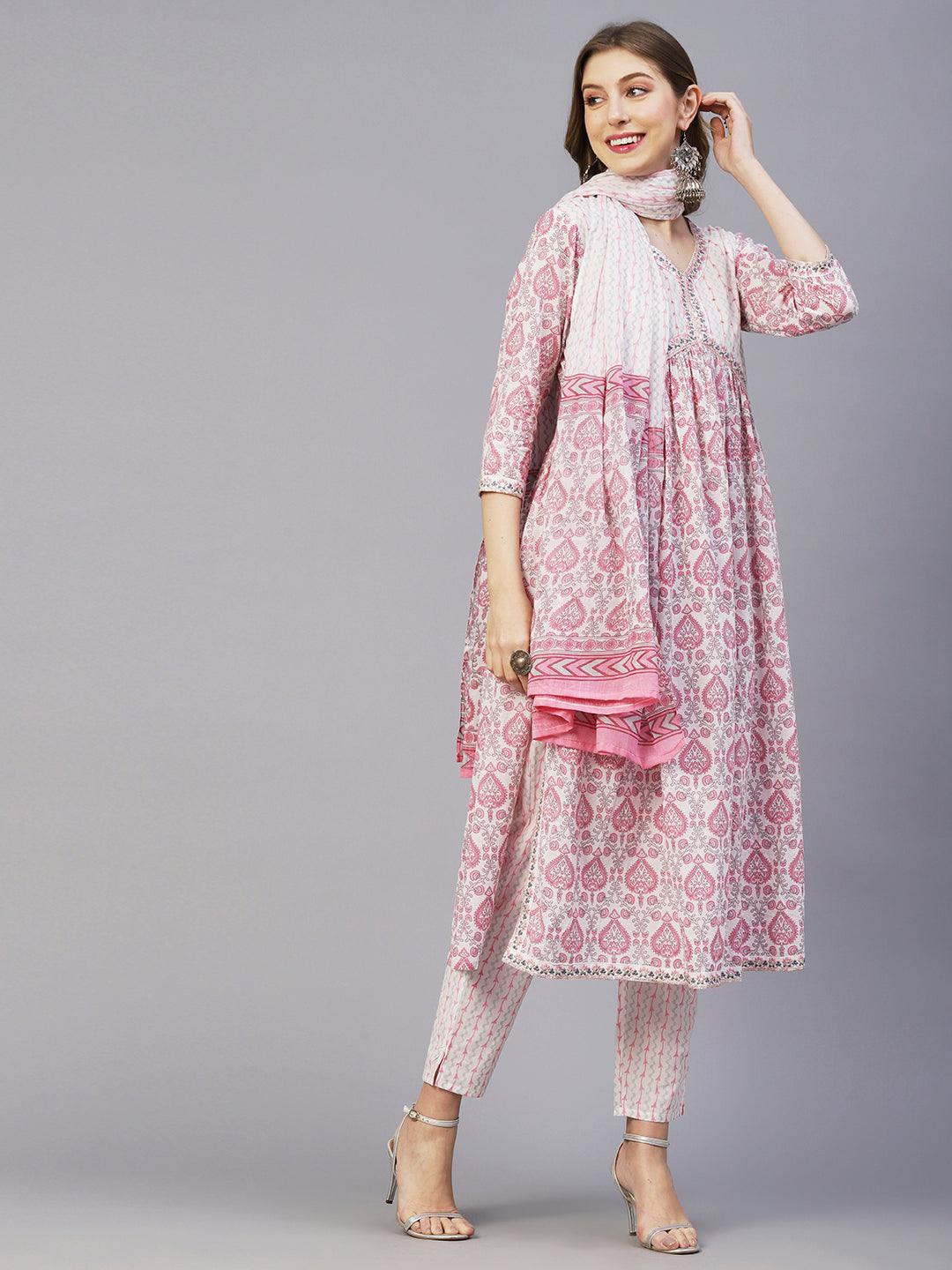 Floral Printed Mirror, Zari & Sequins Embroidered High Slit Kurta With Pants & Dupatta - White & Pink - Indiakreations