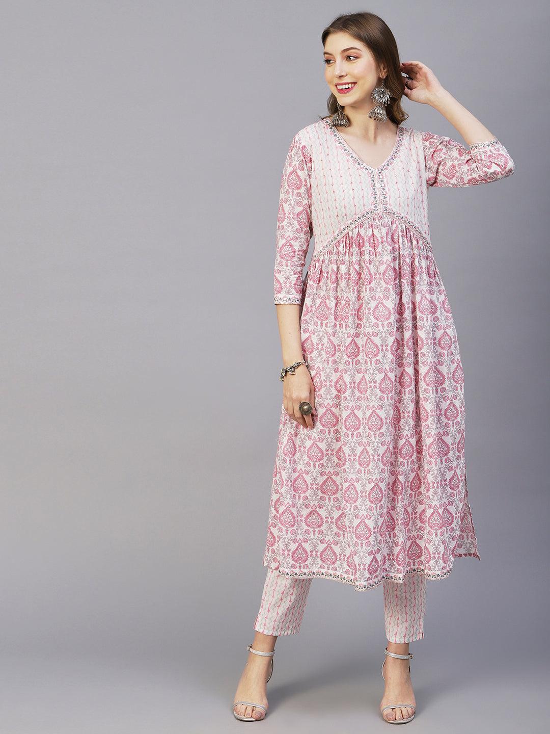 Floral Printed Mirror, Zari & Sequins Embroidered High Slit Kurta With Pants & Dupatta - White & Pink - Indiakreations