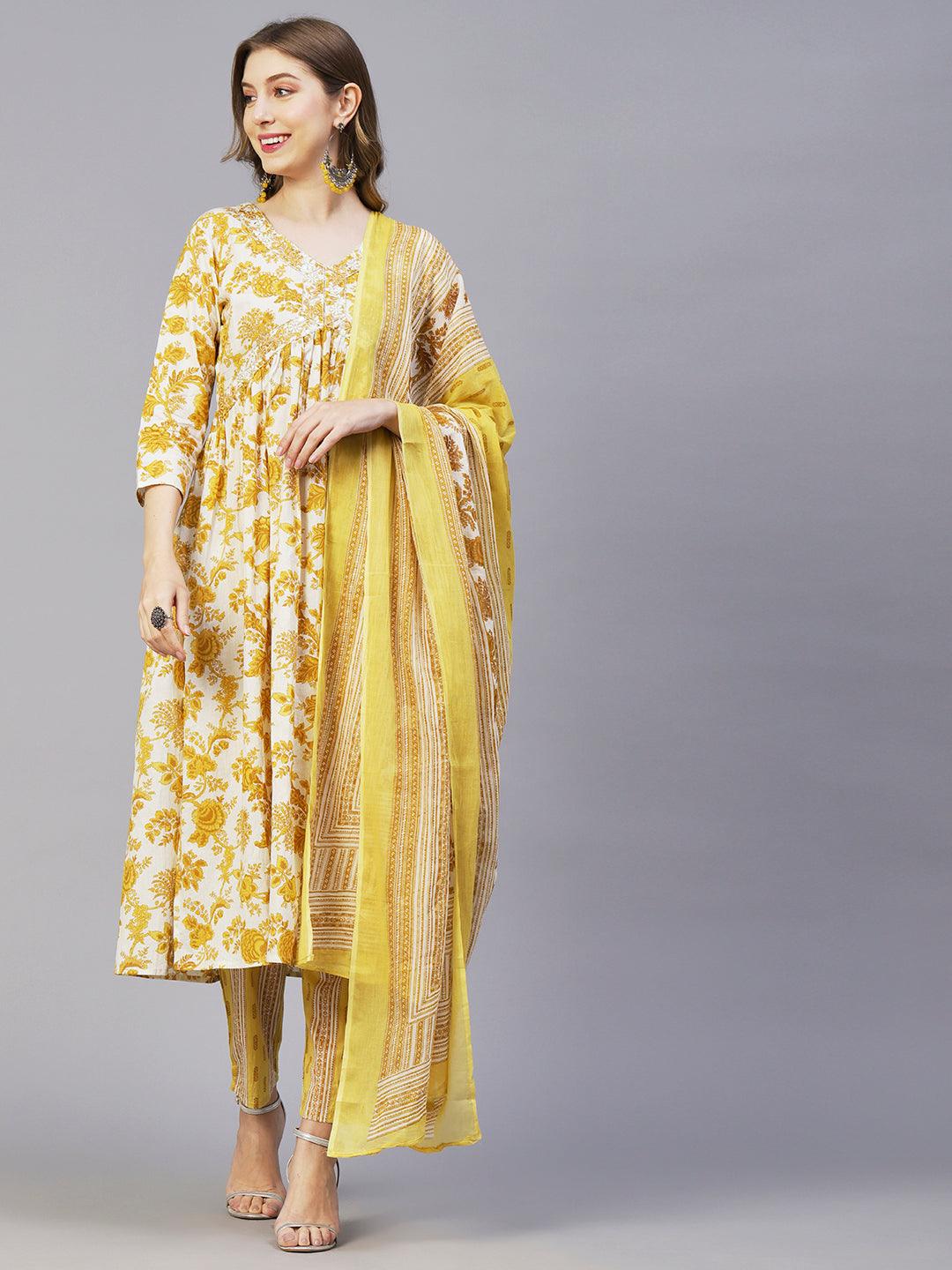 Floral Printed Mirror & Sequins Embroidered High Slit Kurta With Pants & Dupatta - White & Mustard - Indiakreations