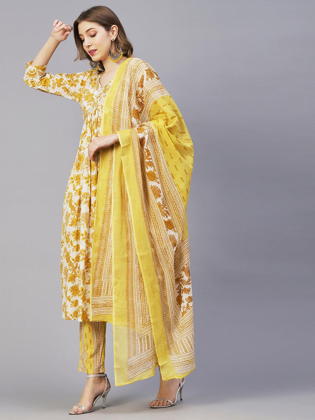 Floral Printed Mirror & Sequins Embroidered High Slit Kurta With Pants & Dupatta - White & Mustard - Indiakreations