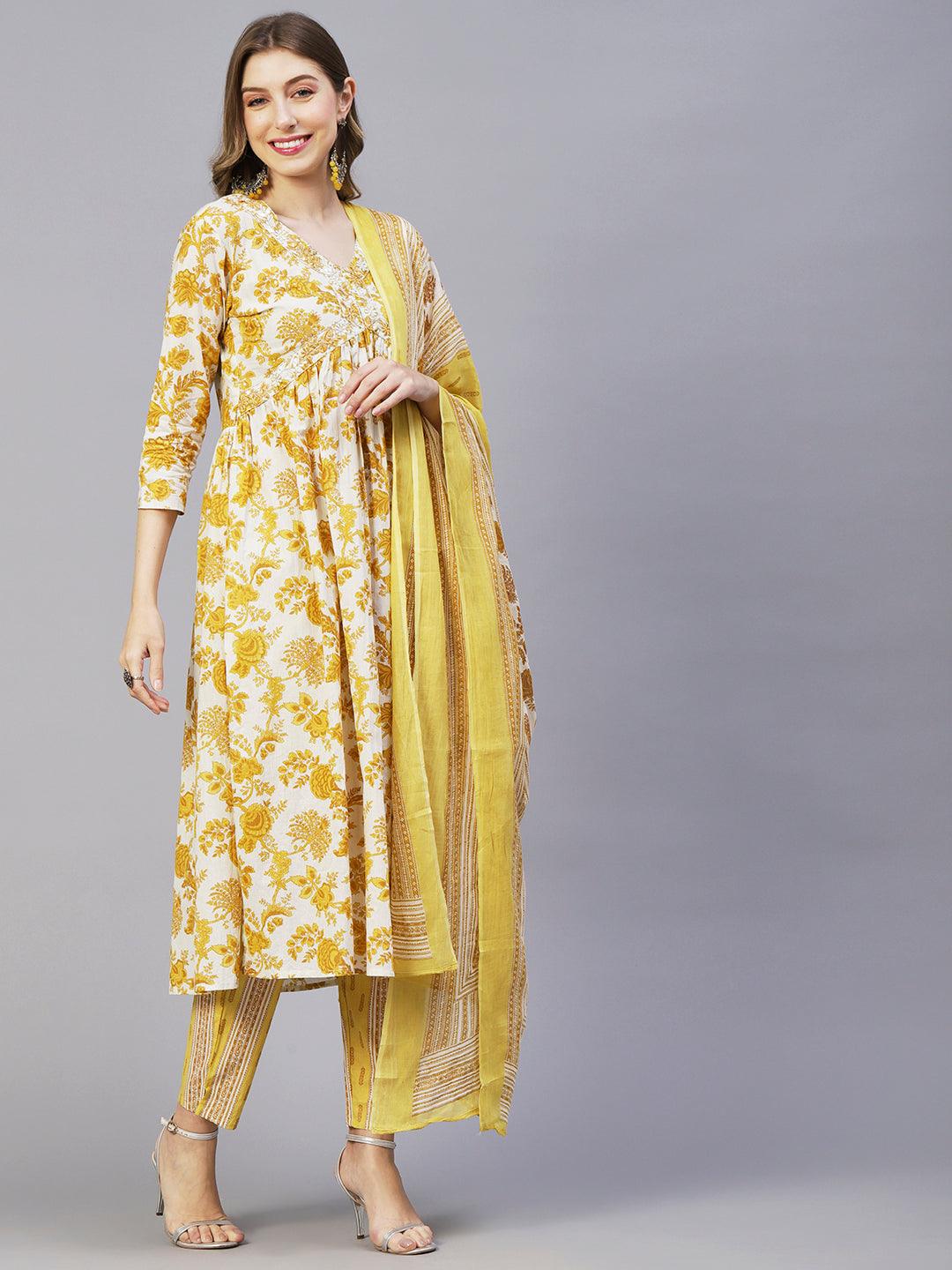 Floral Printed Mirror & Sequins Embroidered High Slit Kurta With Pants & Dupatta - White & Mustard - Indiakreations