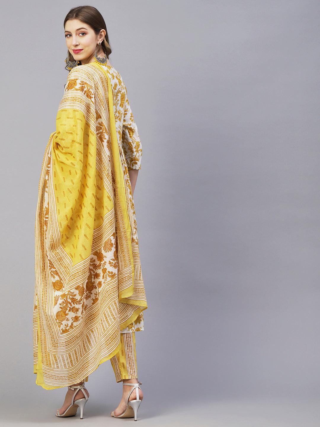 Floral Printed Mirror & Sequins Embroidered High Slit Kurta With Pants & Dupatta - White & Mustard - Indiakreations