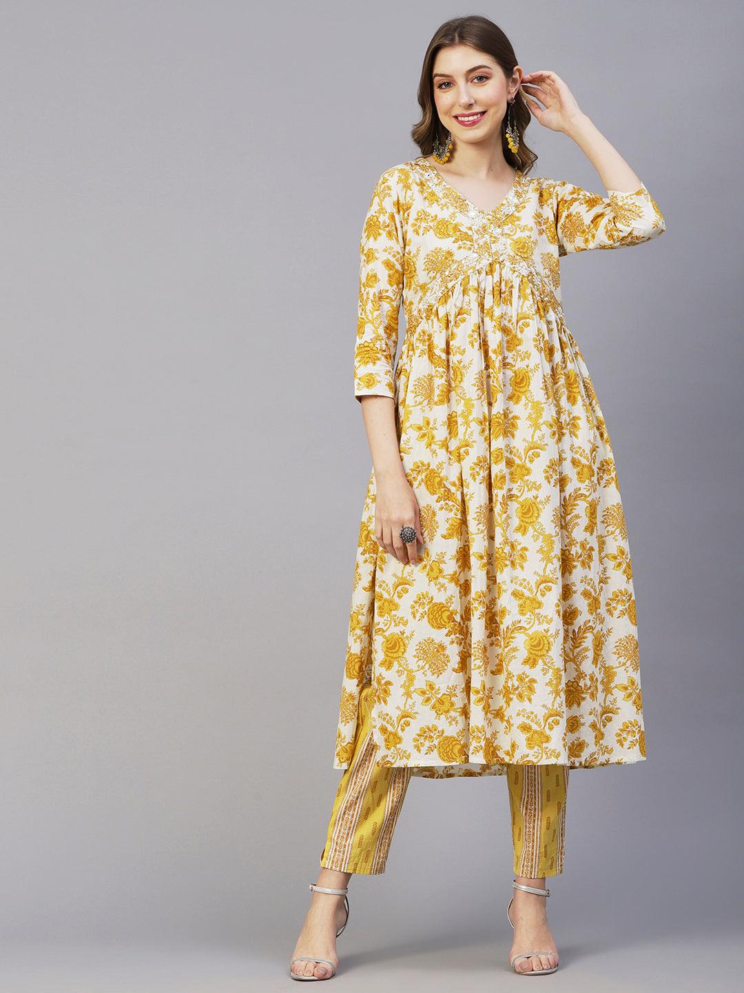 Floral Printed Mirror & Sequins Embroidered High Slit Kurta With Pants & Dupatta - White & Mustard - Indiakreations