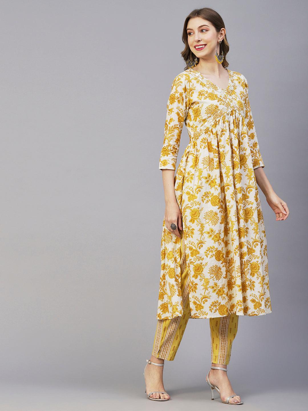 Floral Printed Mirror & Sequins Embroidered High Slit Kurta With Pants & Dupatta - White & Mustard - Indiakreations