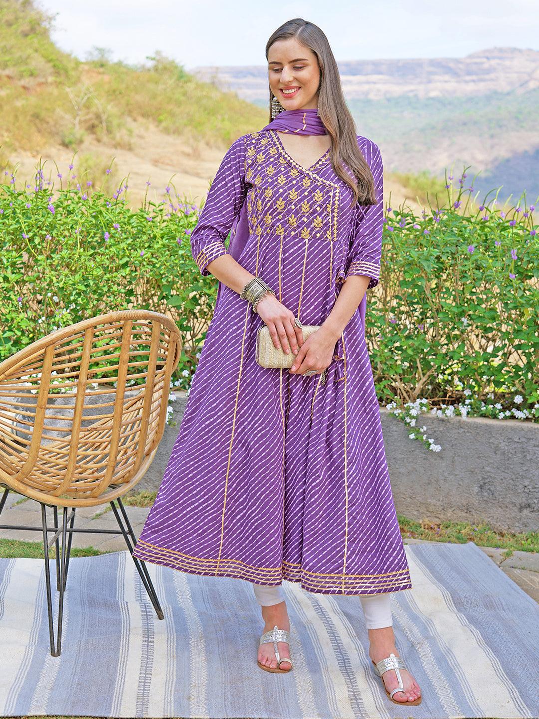 Leheriya Printed & Embroidered Anarkali Maxi Dress with Dupatta - Purple - Indiakreations