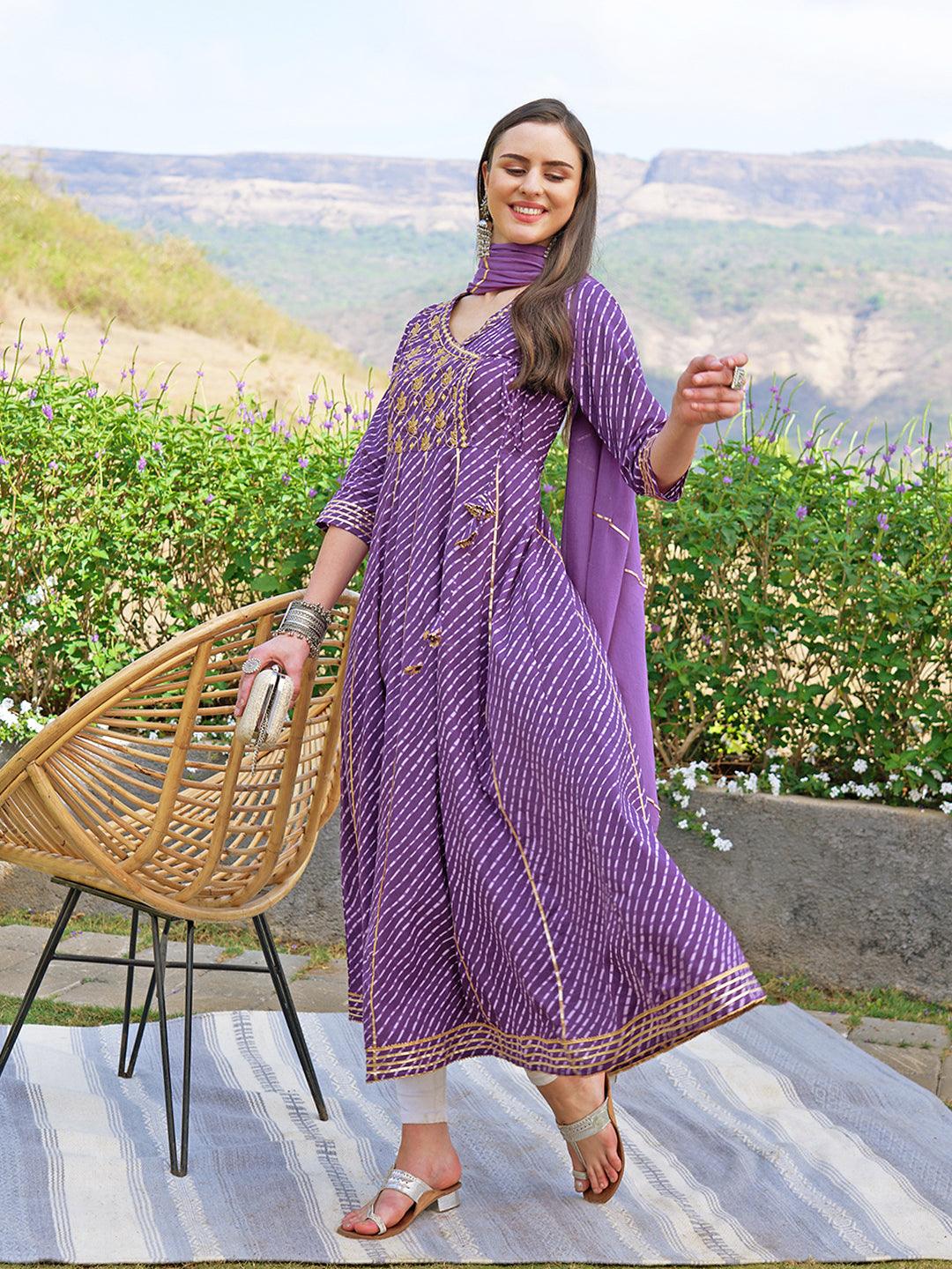 Leheriya Printed & Embroidered Anarkali Maxi Dress with Dupatta - Purple - Indiakreations