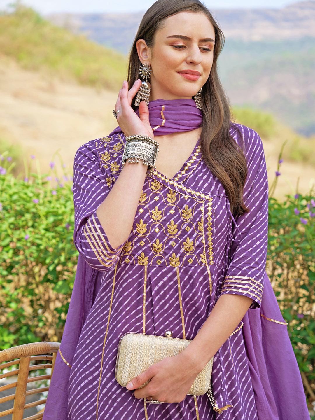 Leheriya Printed & Embroidered Anarkali Maxi Dress with Dupatta - Purple - Indiakreations