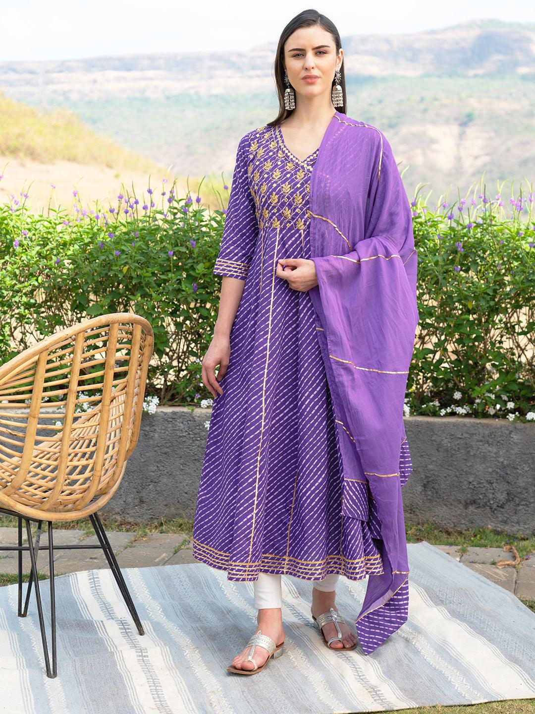 Leheriya Printed & Embroidered Anarkali Maxi Dress with Dupatta - Purple - Indiakreations