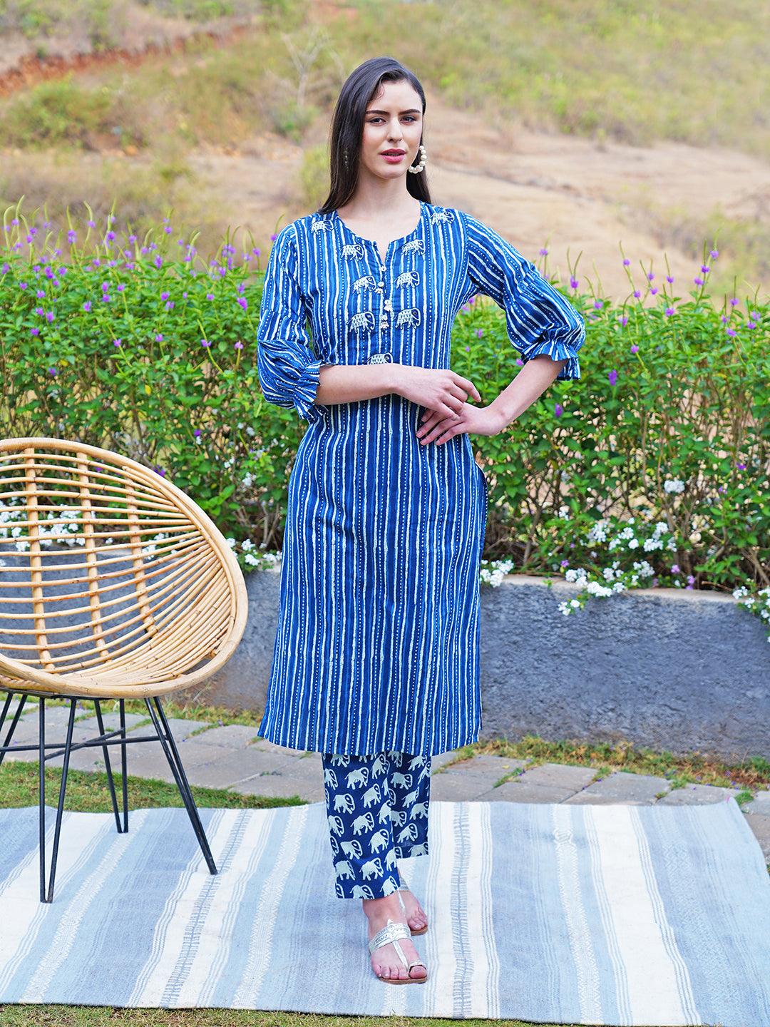 Ethnic Printed & Hand Embroidered A-Line Midi Dress - Indigo Blue - Indiakreations