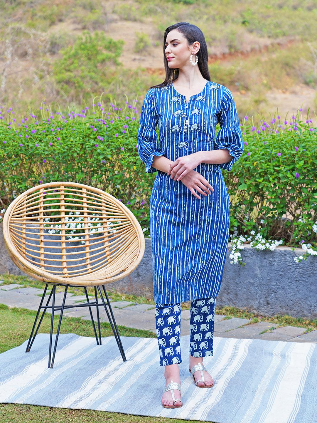 Ethnic Printed & Hand Embroidered A-Line Midi Dress - Indigo Blue - Indiakreations