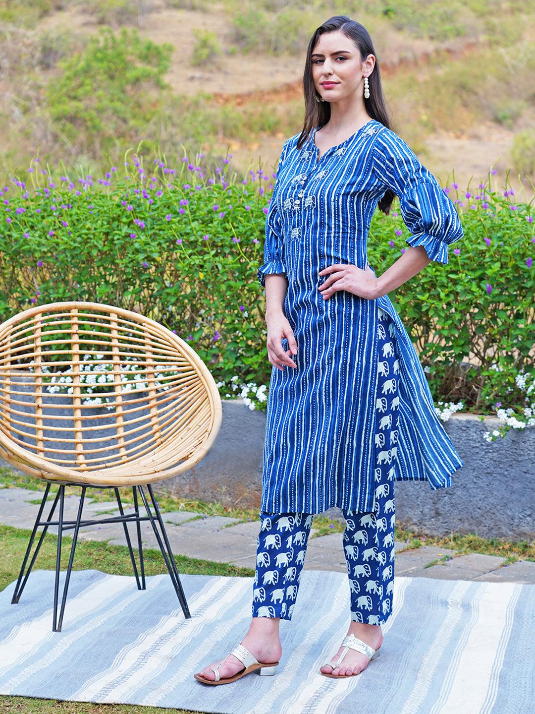 Ethnic Printed & Hand Embroidered A-Line Midi Dress - Indigo Blue - Indiakreations