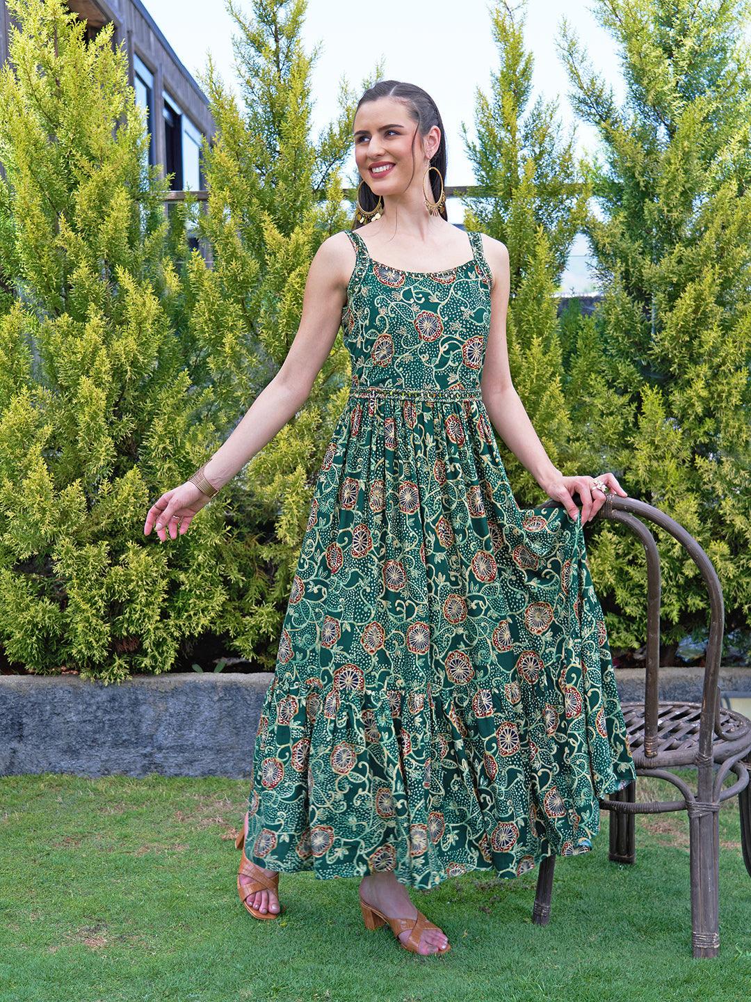 Floral Printed Mirror & Beads Embroidered Maxi Dress With Embroidered Belt - Green - Indiakreations