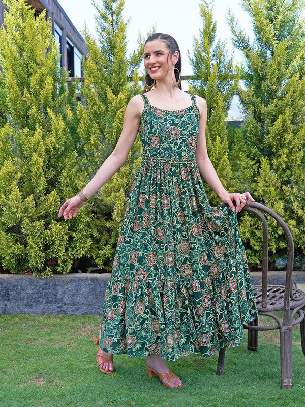 Floral Printed Mirror & Beads Embroidered Maxi Dress With Embroidered Belt - Green - Indiakreations