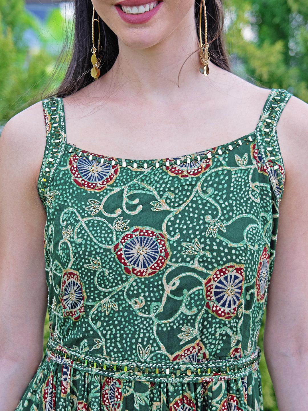 Floral Printed Mirror & Beads Embroidered Maxi Dress With Embroidered Belt - Green - Indiakreations