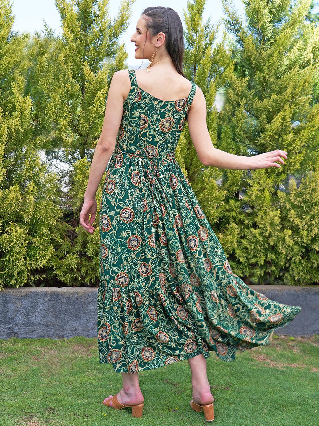 Floral Printed Mirror & Beads Embroidered Maxi Dress With Embroidered Belt - Green - Indiakreations