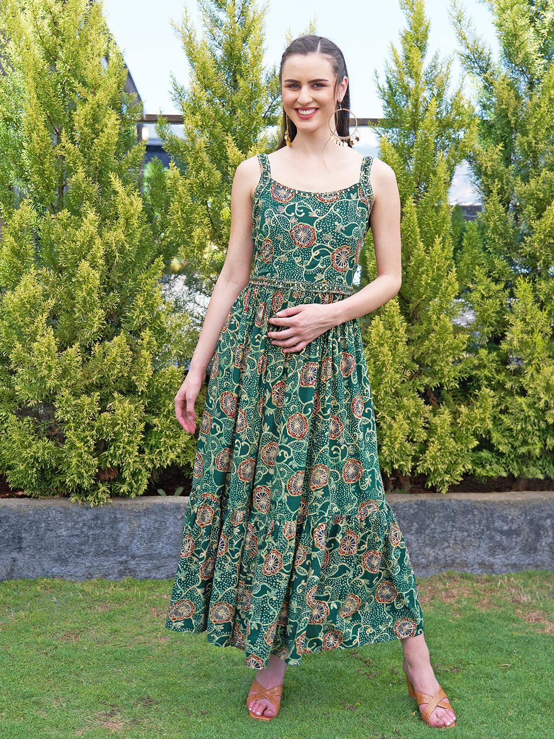 Floral Printed Mirror & Beads Embroidered Maxi Dress With Embroidered Belt - Green - Indiakreations