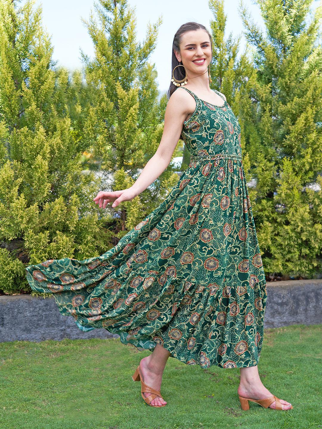 Floral Printed Mirror & Beads Embroidered Maxi Dress With Embroidered Belt - Green - Indiakreations