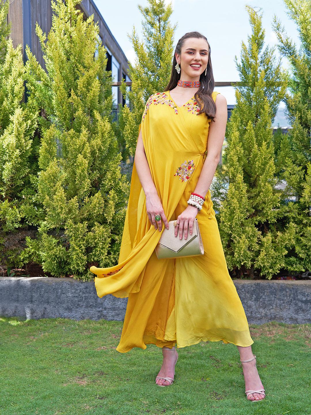 Solid Floral Hand Embroidered A-Line Layered Jumpsuit - Yellow - Indiakreations