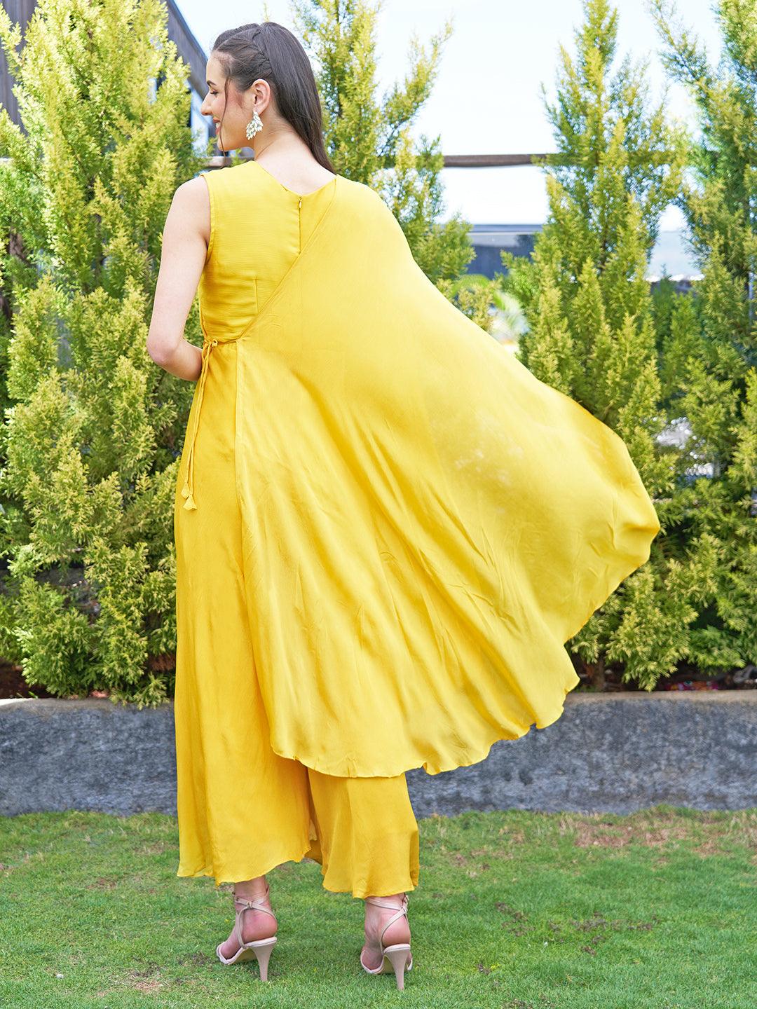 Solid Floral Hand Embroidered A-Line Layered Jumpsuit - Yellow - Indiakreations