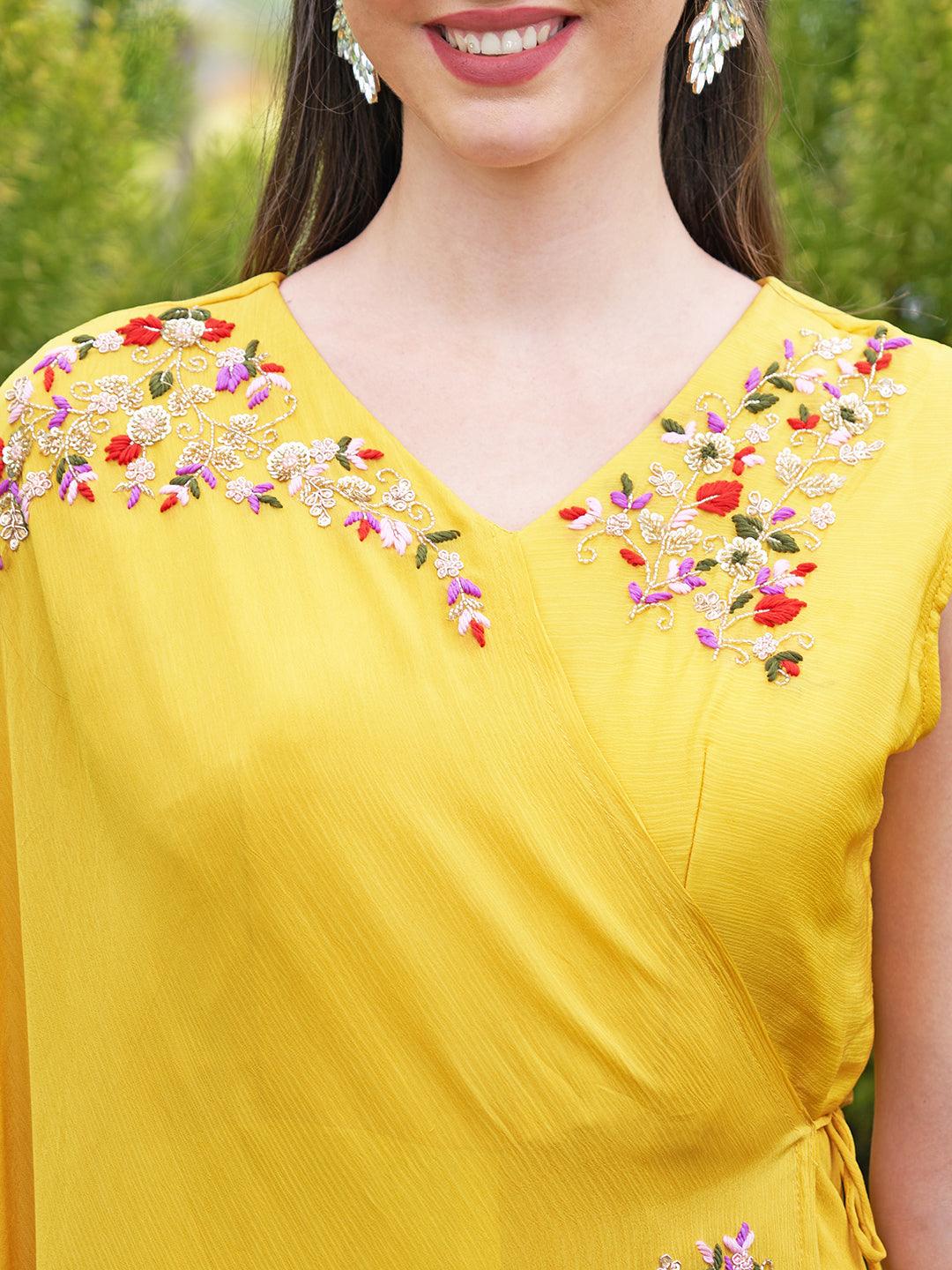 Solid Floral Hand Embroidered A-Line Layered Jumpsuit - Yellow - Indiakreations