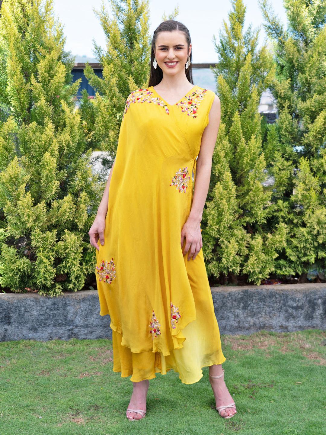 Solid Floral Hand Embroidered A-Line Layered Jumpsuit - Yellow - Indiakreations