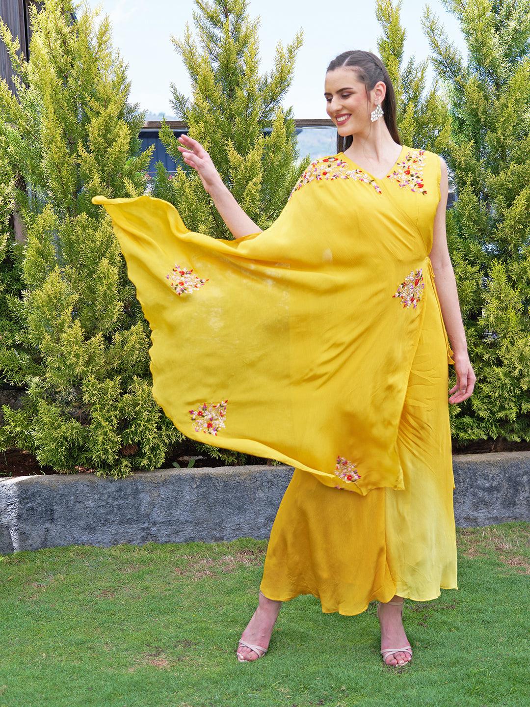 Solid Floral Hand Embroidered A-Line Layered Jumpsuit - Yellow - Indiakreations