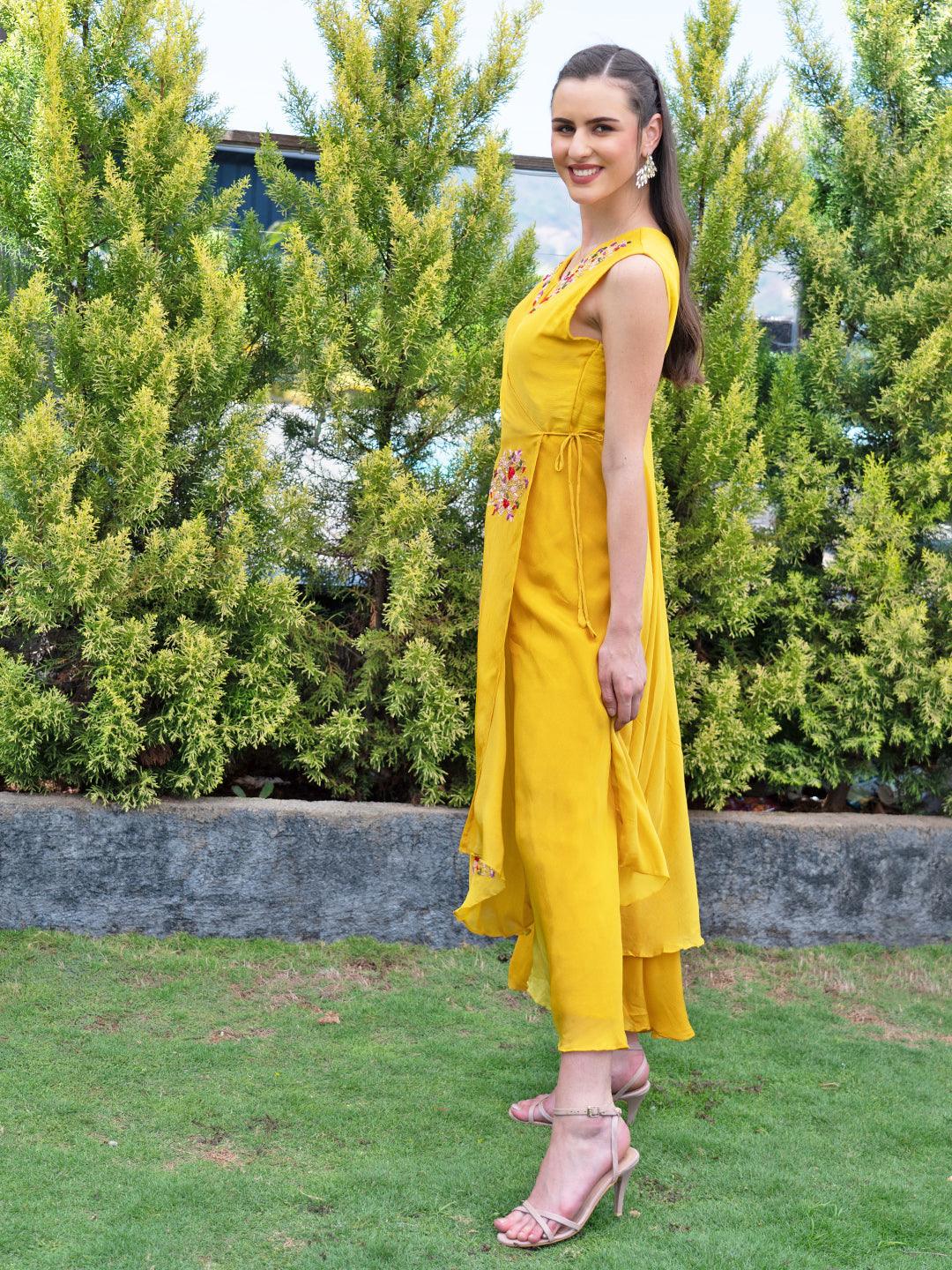 Solid Floral Hand Embroidered A-Line Layered Jumpsuit - Yellow - Indiakreations