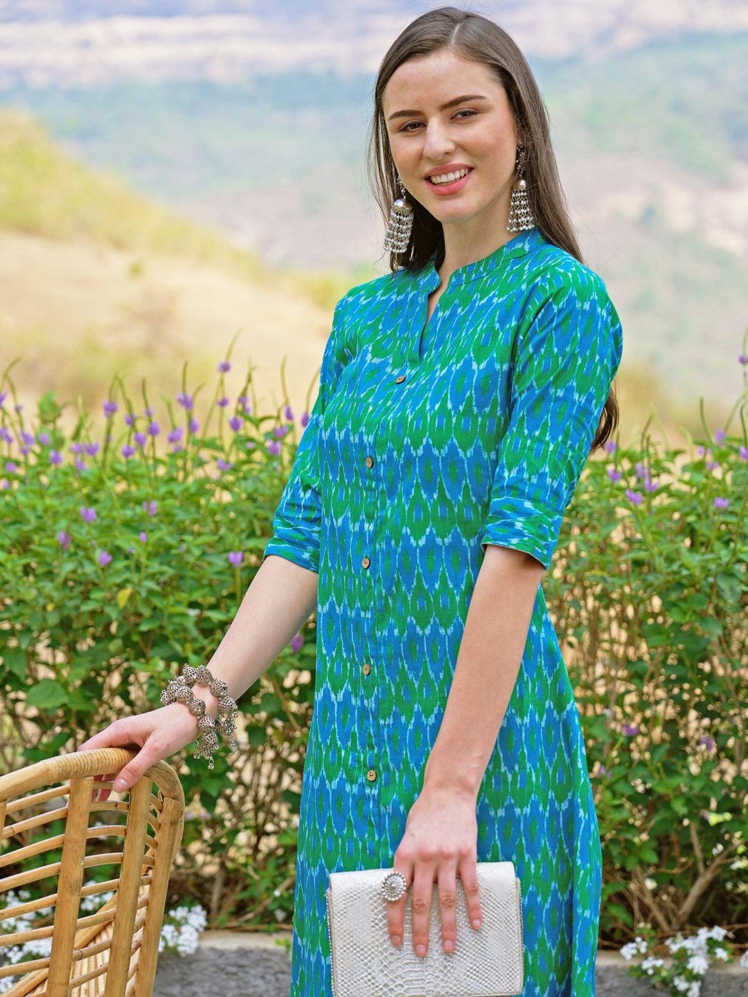 Ethnic Ikat Printed A-Line Kurta – Multi - Indiakreations