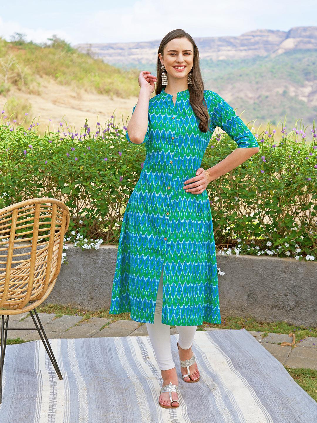 Ethnic Ikat Printed A-Line Kurta – Multi - Indiakreations