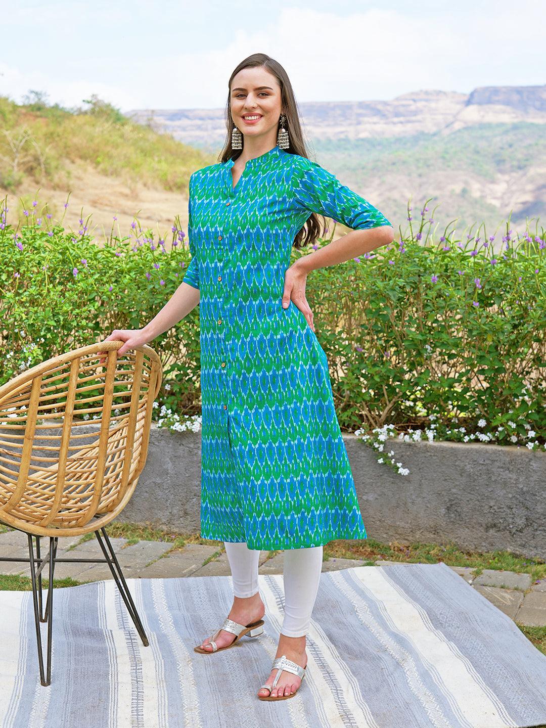 Ethnic Ikat Printed A-Line Kurta – Multi - Indiakreations