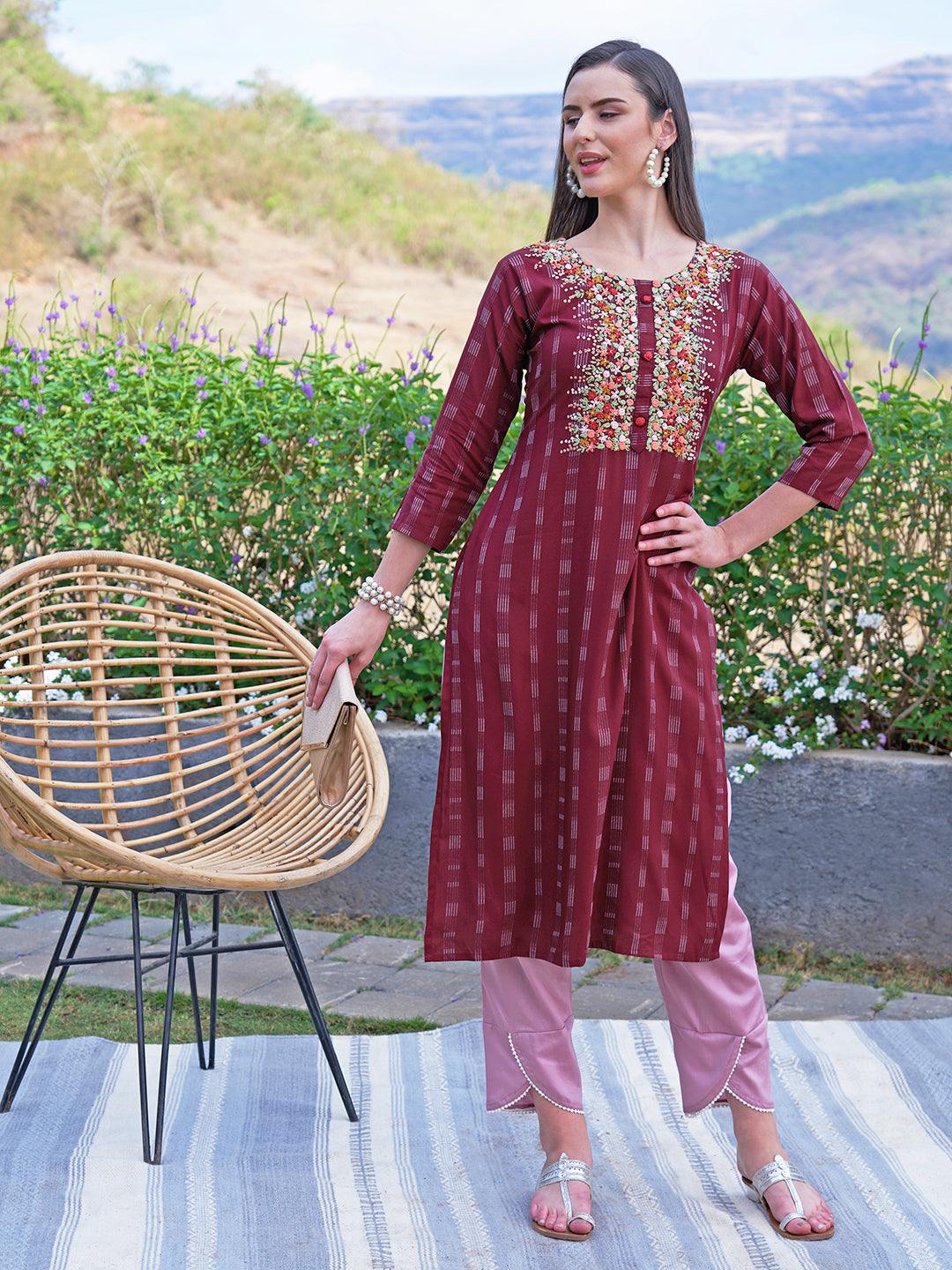 Floral Hand Embroidered Woven Stripes Straight Fit Kurta - Burgundy - Indiakreations