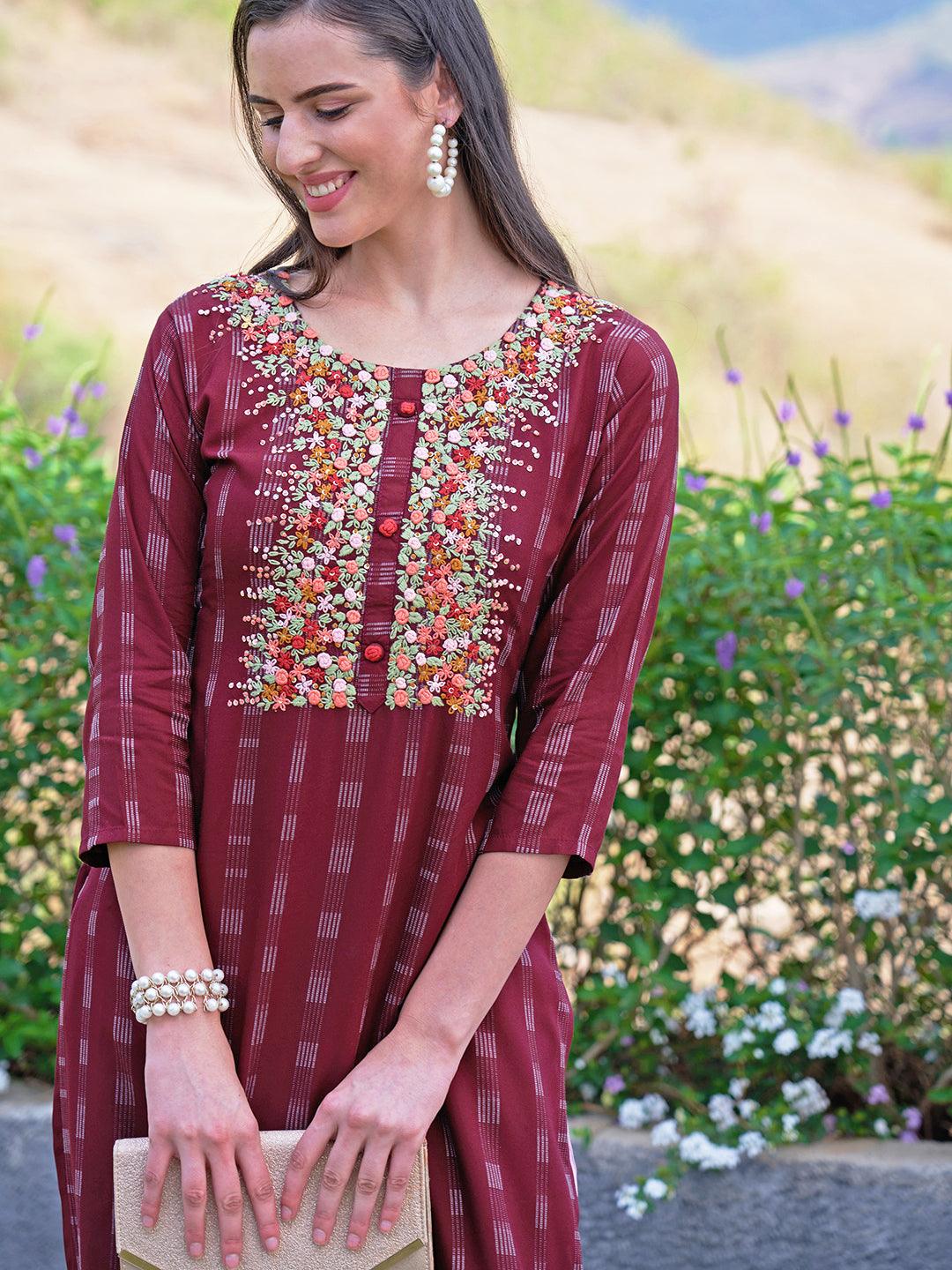 Floral Hand Embroidered Woven Stripes Straight Fit Kurta - Burgundy - Indiakreations