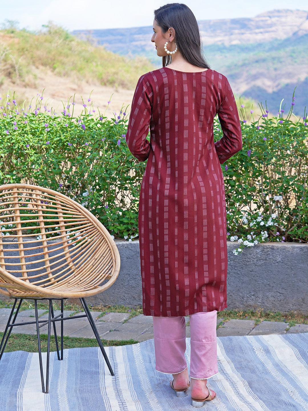 Floral Hand Embroidered Woven Stripes Straight Fit Kurta - Burgundy - Indiakreations