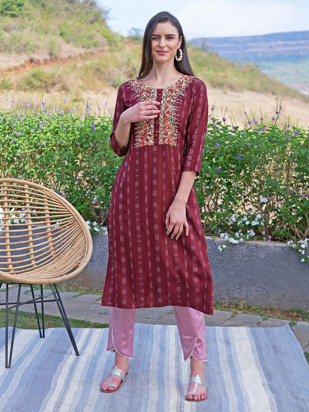 Floral Hand Embroidered Woven Stripes Straight Fit Kurta - Burgundy - Indiakreations