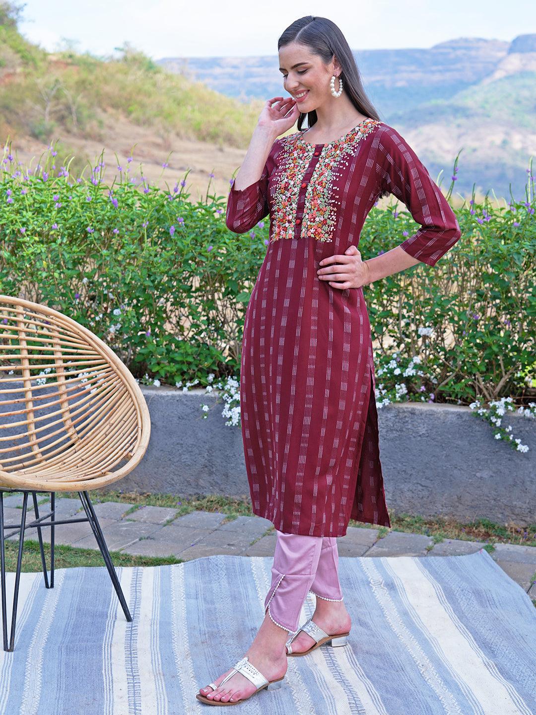 Floral Hand Embroidered Woven Stripes Straight Fit Kurta - Burgundy - Indiakreations