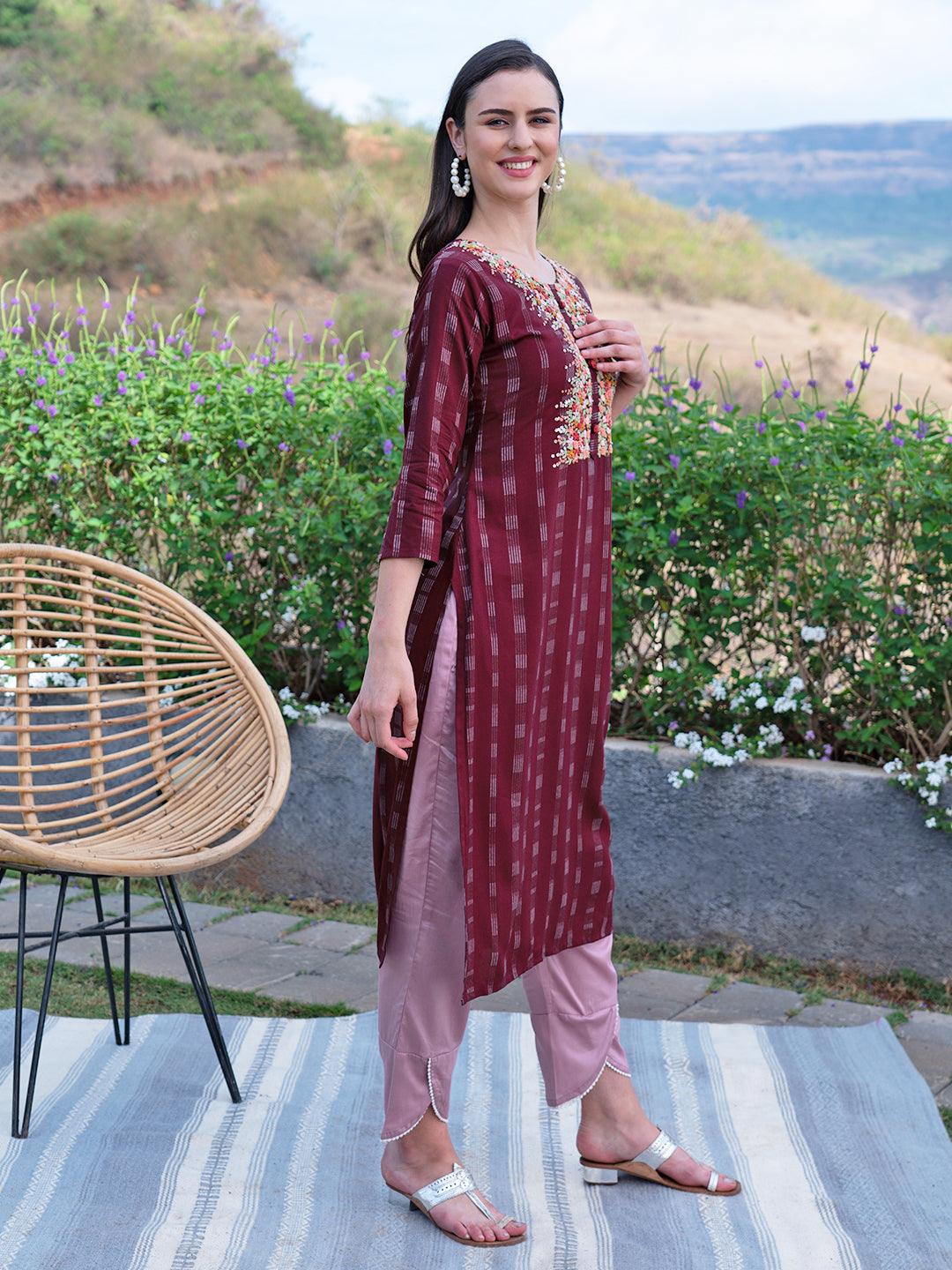 Floral Hand Embroidered Woven Stripes Straight Fit Kurta - Burgundy - Indiakreations