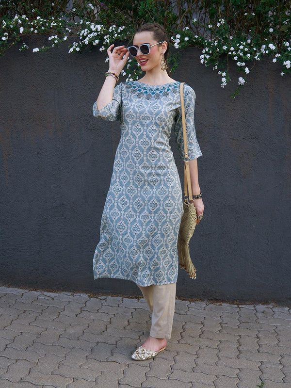 Ethnic Printed & Hand Embroidered Straight Fit Kurta - Powder Blue - Indiakreations