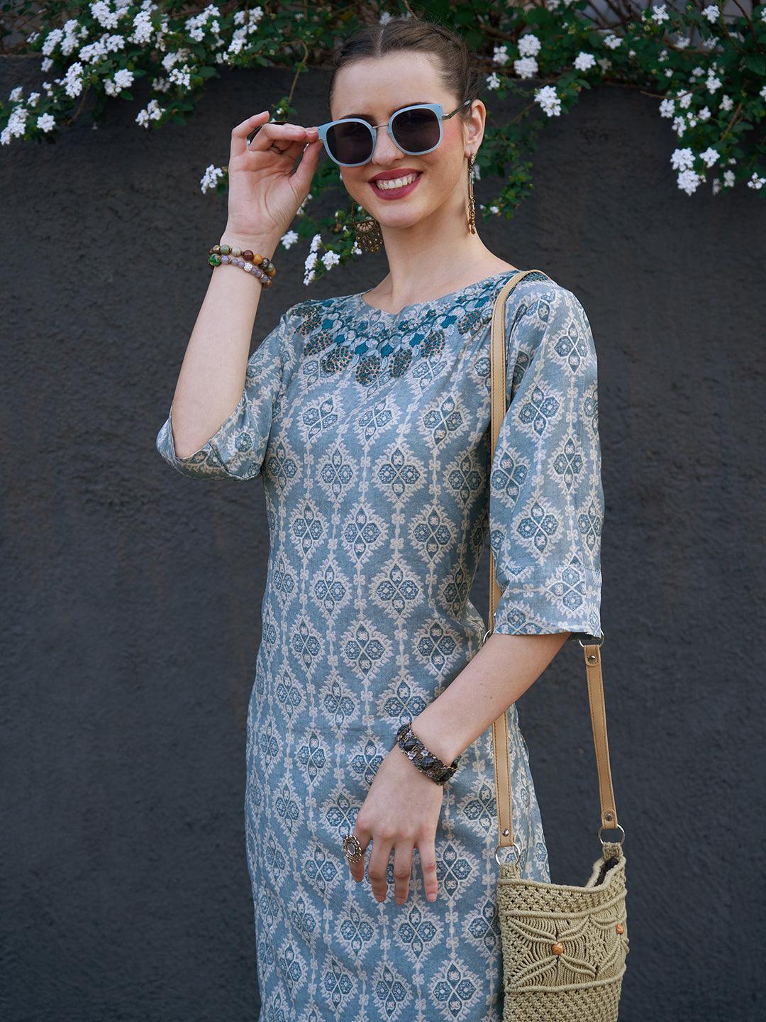 Ethnic Printed & Hand Embroidered Straight Fit Kurta - Powder Blue - Indiakreations