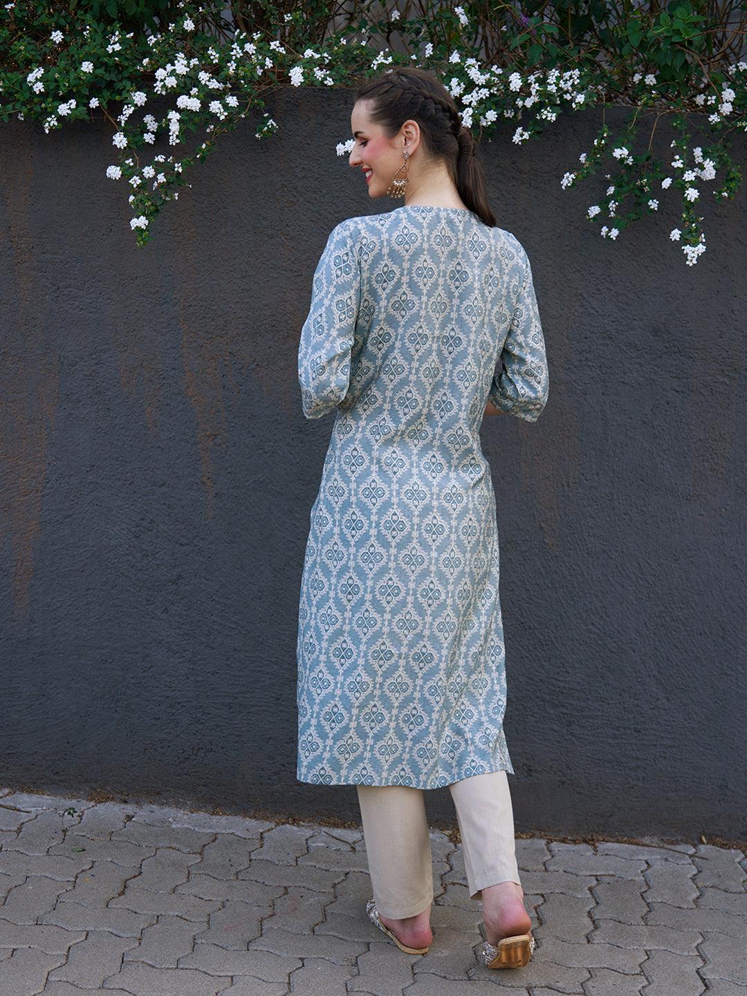 Ethnic Printed & Hand Embroidered Straight Fit Kurta - Powder Blue - Indiakreations