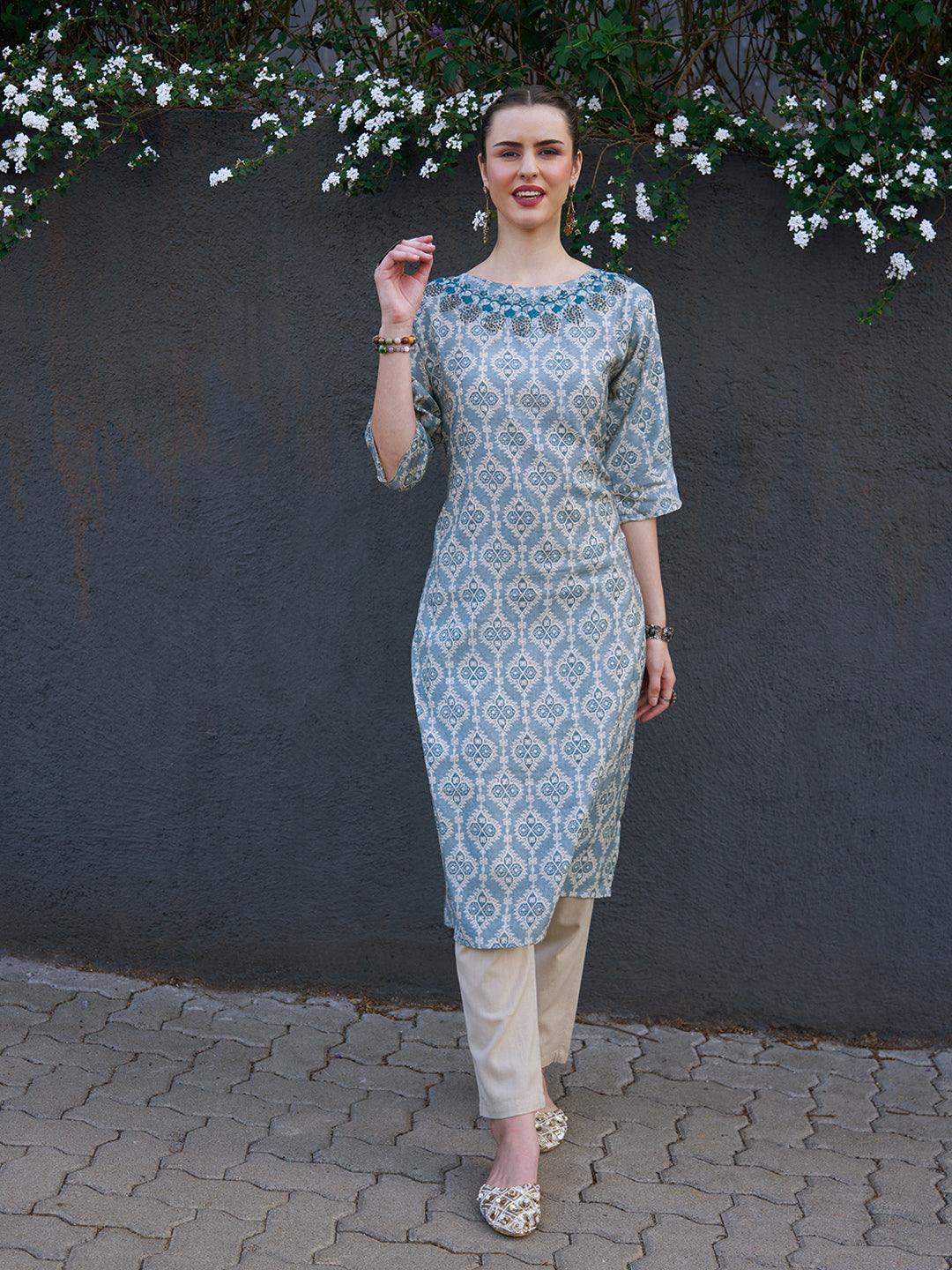 Ethnic Printed & Hand Embroidered Straight Fit Kurta - Powder Blue - Indiakreations