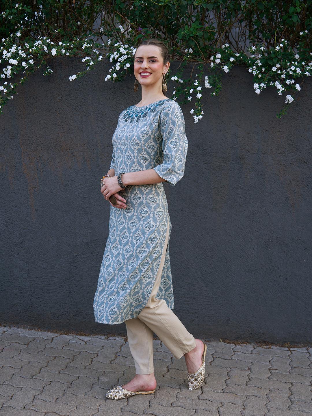 Ethnic Printed & Hand Embroidered Straight Fit Kurta - Powder Blue - Indiakreations